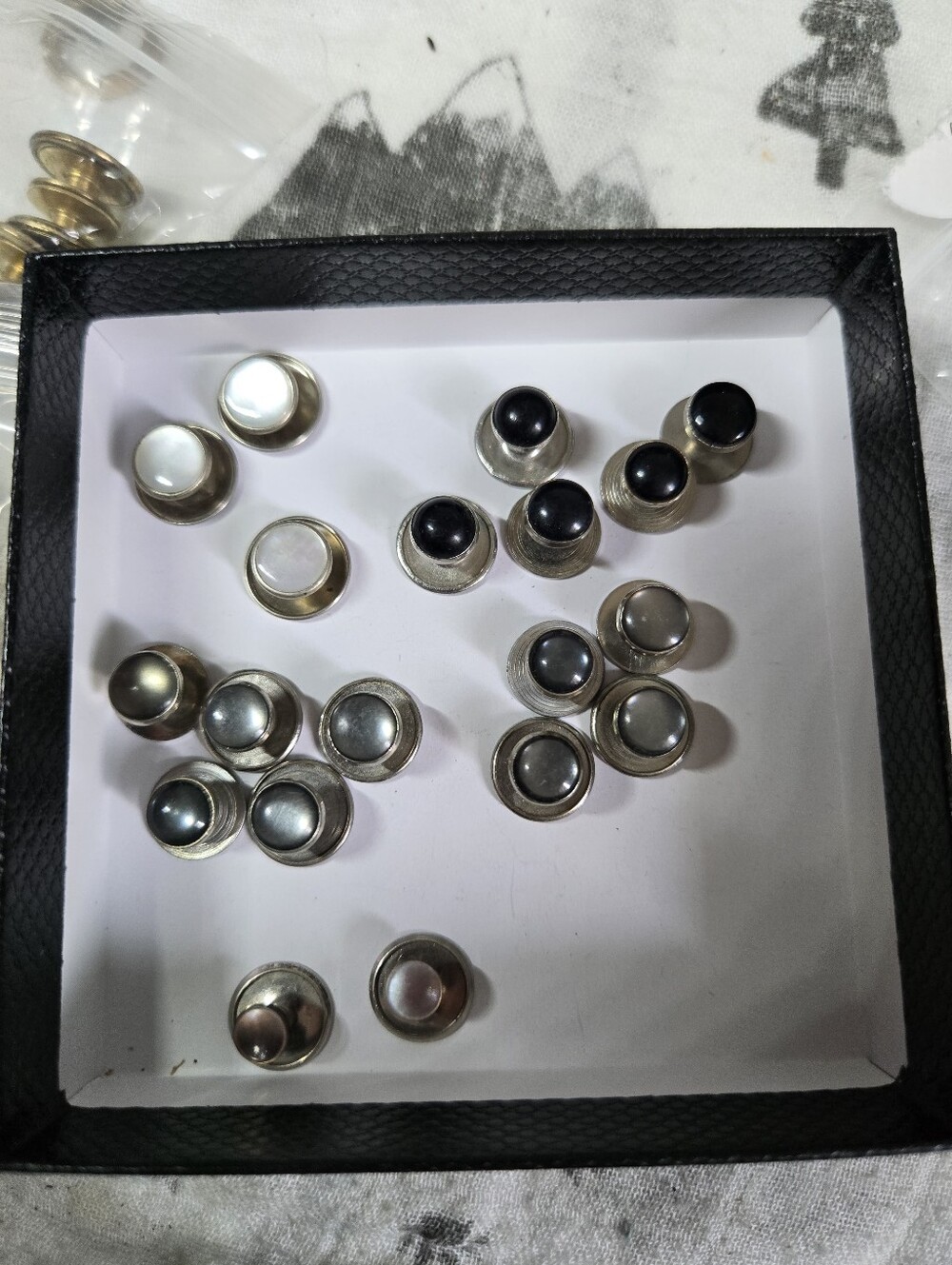 Set of Vintage Button-Style Shirt Studs in Pearl and Black And MOP